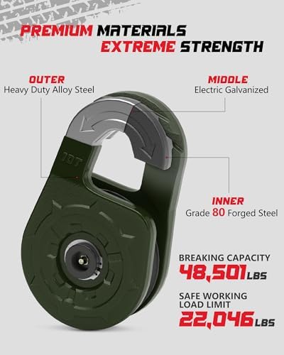 Towing Winch Snatch Block, Separate Pulley Block, Multiple-Purpose G80 Heavy Duty Forged Winch Snatch Block Pulley, 22Tons(46,051lbs) MBS, for Synthetic Rope Off Road Recovery, Olive Drab - Image 4
