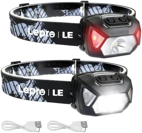 Lepro Rechargeable LED Headlamp Bright Waterproof Headlight 2 Pack - Black by Lepro