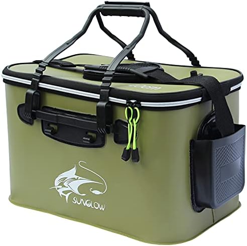 Fishing Bucket,Foldable Fish Bucket, Multi-Functional EVA Fishing Bag for Outdoor, Live Fish Lures Bucket and Fish Protection Bucket,10GAL/8GAL/6GAL/4.8GAL/3GAL Live Fish Container (6GAL/ArmyGreen) by Sunglow