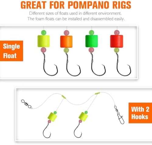 Dovesun 220/104/80/60/54/52/42pcs Pompano Rig Floats for Surf Fishing Foam Bobbers for Fishing Fly Fishing Bobbers Floats Bright Color Kit/Round/Cylindrical/Heart/Bullet/Pill/Spin Shape - Image 5
