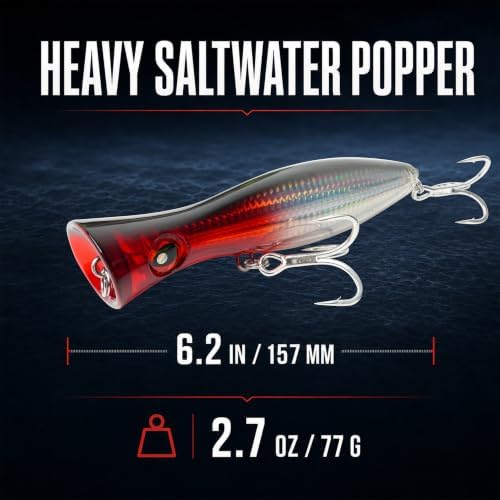 6.2 Inch 2.73 oz Saltwater Topwater Popper Fishing Lures with 3/0 4X Strengthened BKK Treble Hooks, Through-Wire for Strength & Durability, Target GT, Tuna, Sea Bass, Marlin - Image 2