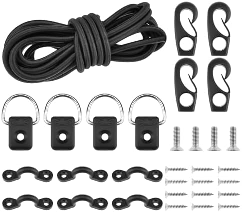 SDTC Tech Kayak Deck Rigging Kit 9.8 Feet Bungee Cord with 4 Bungee Cord Ends Hooks & 4 D-Rings and 6 Tie Down Pad Eyes by SDTCTech