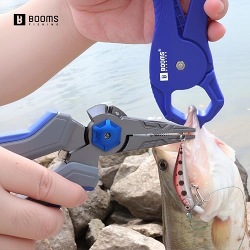 Booms Fishing Pliers Hook Remover: 8.1" Angled Carbon Steel Fish Pliers for Saltwater - Fishing Line Cutter with Lanyard - Braided Cutters & Crimper with Safety Lock, Multi-Function Gear for Men, F09 - Image 2