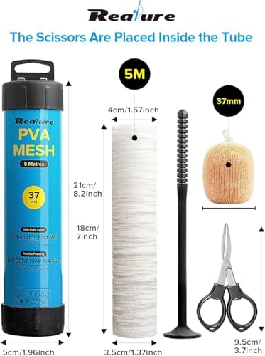 Realure 5m PVA Mesh Bait Bag Kit with Scissors, 18/25/37/44mm Fast Melt Water Soluble Mesh Refill, Carp & Catfish Fishing Accessories with Funnel & Plunger for Boilie Pellet Bait - Image 2