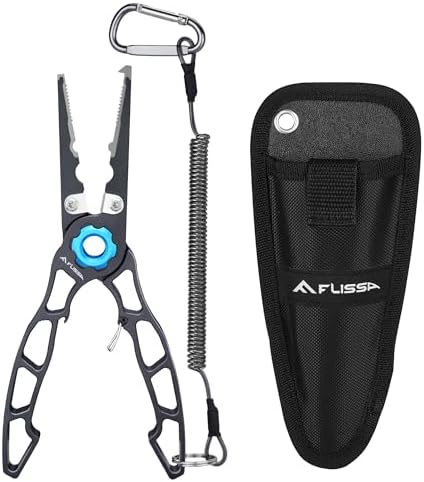 FLISSA Fishing Pliers, Safety Lock Design Fish Pliers Saltwater, Aluminum Hook Remover, Titanium 6Al-4V Jaw and Tungsten Carbide Line Cutters, Sheath & Lanyard, Fishing Gear Gifts for Men by FLISSA
