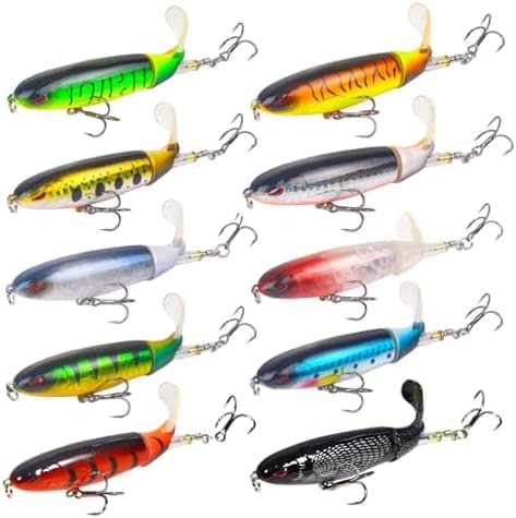 Whopper Fishing Lure for Bass Popper Top Water Fishing Lures with Floating Rotating Tail Barb Treble Hooks in Saltwater Freshwater Plopping Lures Kit by RTGSE