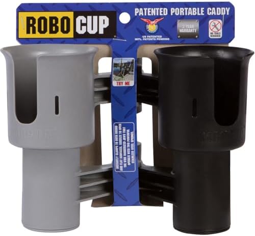 ROBOCUP, (Black&Gray), Patented Clamp On Boat Cup Holder | Multifunction Dual Drink Caddy for Fishing Poles, Tools, Net, Gaff | Portable Storage for Boating, Beach, Umbrellas, Golf Carts, Strollers by RoboCup
