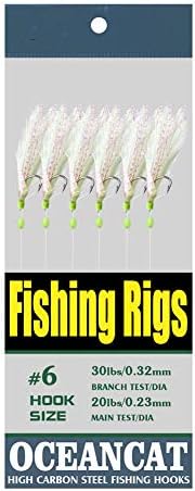 10/20/50/100 Packs 3 Feather & Fish Skin 6 Hooks Saltwater Fishing Rigs with String Hook Lure Bait Tackle Jig by OCEANCAT