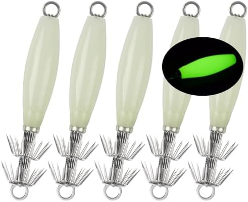 OROOTL Squid Jigs Saltwater Fishing Lures, 5/10pcs Glow Squid Jig Hooks Luminous Cuttlefish Sleeve Octopus Jig Baits Night Fishing Octopus Lures Set with Tackle Box by OROOTL