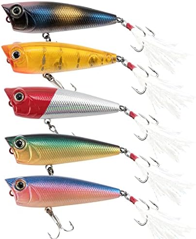 Alwonder 5-Pack Fishing Popper Lure, Fishing Top Water Lures Bass Lures Feathered Treble Hooks Rooster Tail Lure Plugs Hard Baits by Alwonder