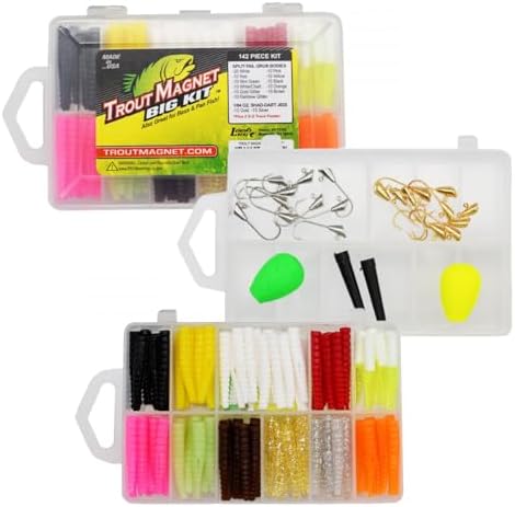 Trout Magnet Original 142-Piece Trout Fishing Gear Kit - 120pc Grub Lures with Neon Bait, 20 Hooks, 2 Floats - High Grade Trout Magnet Kit for Freshwater and Saltwater Fishing by TroutMagnet