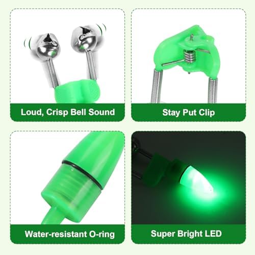 25 PCS Fishing Rod Bells with Tip up Lights, Dual Fishing Bite Alarms for Fishing Poles, Bright LED Fishing Lights for Night Fishing, Ice Fishing, Anti-Slip Clip Fishing Alert Bells for Rods - Image 5