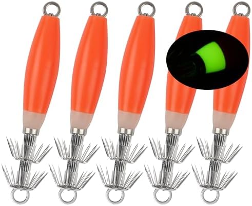 OROOTL Squid Jigs Saltwater Fishing Lures, 5/10pcs Glow Squid Jig Hooks Luminous Cuttlefish Sleeve Octopus Jig Baits Night Fishing Octopus Lures Set with Tackle Box by OROOTL