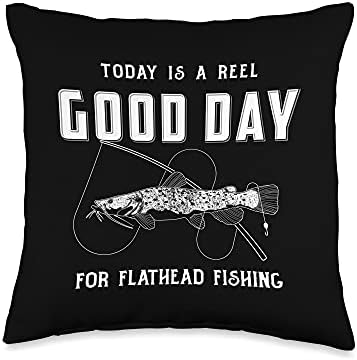 Funny Flathead Catfish Reel Good Day Fishing Pun Throw Pillow by Unknown