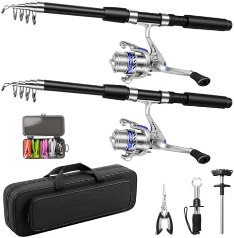 2.1M Telescopic Fishing Rod and Reel Combo Kit for Beginner Anglers, 2PCS Collapsible Fishing Poles + 2PCS Spinning Reels with Fishing Accessories Portable Fishing Gear Set for Saltwater Freshwater by JOMOGU