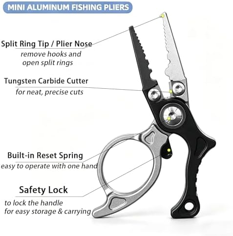 Mini Fishing Pliers with Zinger Retractor, Split Ring Pliers for Saltwater & Freshwater, Tungsten Carbide Braid Cutters & Hook Remover, Compact Multitool for Freshwater Fly Fishing,Bass Fishing - Image 2