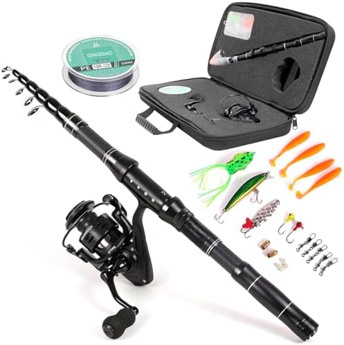 Telescopic Fishing Rod and Reel Combo, Carbon Fiber Collapsible Travel Fishing Pole Kit with Carrier Case & Lures, Anti-Jam Gear for Adults Men Beginners, Freshwater, Saltwater by YUZHIYUAN