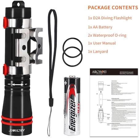 ARCHON D2A Small Diving Flashlight, Dive Headlamp Waterproof Flashlight Black Backup Light with Stainless Steel 316 Face Mask Clip for Underwater Lighting - Image 6