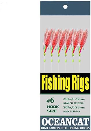 10 Packs 2pcs White & Red Feather & Rainbow Skin 6 Hooks Saltwater String Hook Fishing Luer Bait Rig Tackle by OCEANCAT