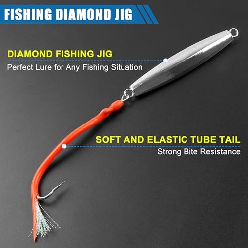 Diamond Jig Saltwater Fishing Lures Casting Jigging Spoon with Tube Tail Stainless Steel Hooks Trolling Lures Striped Bass Metal Jig for Deep Sea Surf Fishing Bottom Dragging Sinking - Image 3