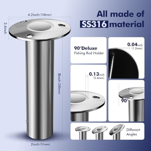 2Pcs Rod Holders for Fishing Boat, Heavy Duty 316 Stainless Steel Fishing Rod Pole Holder, Flush Mount, 15/30/90 Degree - Image 2