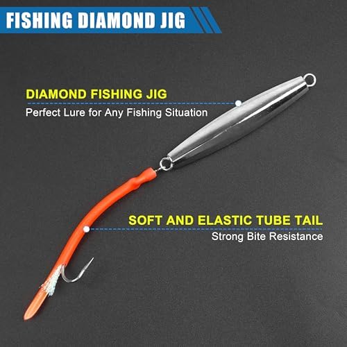 Diamond Jig Saltwater Fishing Lures Casting Jigging Spoon with Tube Tail Stainless Steel Hooks Trolling Lures Striped Bass Metal Jig for Deep Sea Surf Fishing Bottom Dragging Sinking - Image 3