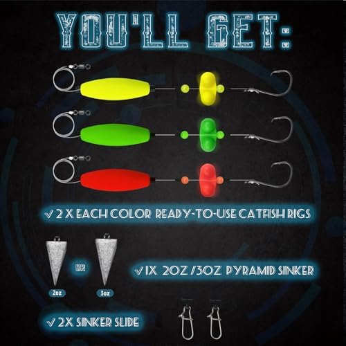 Narcissus Catfish Rigs Set – 6 Pre-Tied Rigs with 2 Sinker Sliders & 2oz Pyramid Sinker, Float Rigs Tackle, Santee Rig, Circle Hooks 6/0 – Complete & Ready-to-Use Kit - Image 6