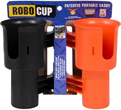 ROBOCUP, (Orange & Black), Patented Clamp On Boat Cup Holder |Multifunction Dual Drink Caddy for Fishing Poles, Tools, Net, Gaff |Portable Storage for Boating, Beach, Umbrellas, Golf Carts, Strollers by RoboCup