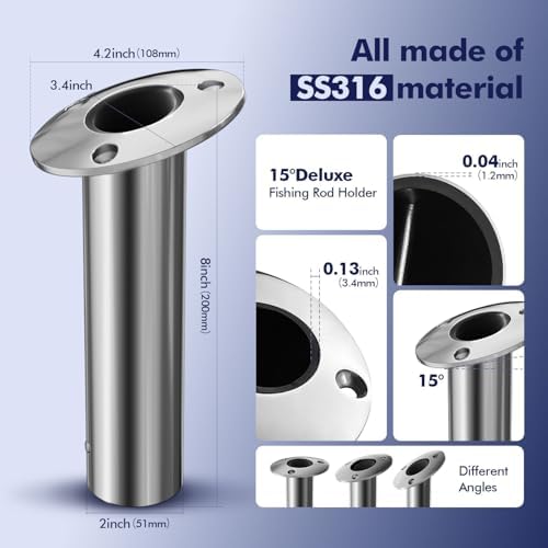 2Pcs Rod Holders for Fishing Boat, Heavy Duty 316 Stainless Steel Fishing Rod Pole Holder, Flush Mount, 15/30/90 Degree - Image 2