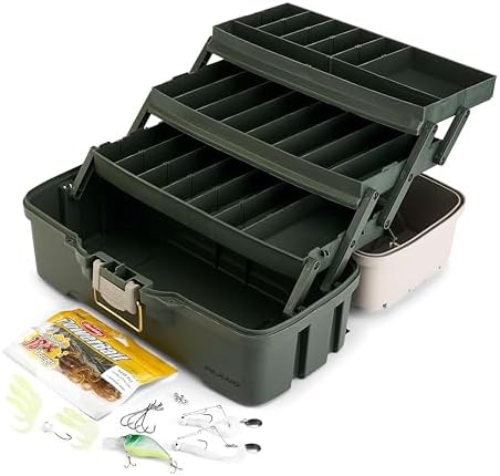 Plano Three-Tray Tackle Box Bass Kit, Tan/Green, Rust-Proof Brass Latch, Top-Access Tray Compartments with Deep Storage, Made in the USA, Portable Fishing Gear Storage Organizer by PLANO%C2%AEOutdoors