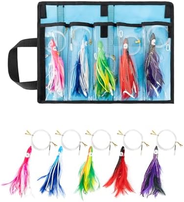 BLUEWING 5 Pack Tuna Feather Squid Lure Set Fishing Teaser with 4in/6in Feathered Trolling Octopus and Stainless Steel Hook for Mahi Wahoo Marlin Big Game by BLUEWING