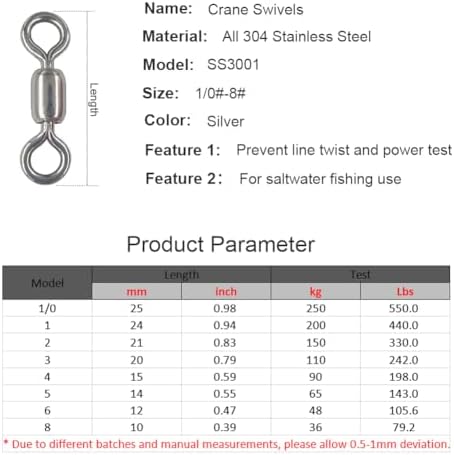 100 pcs Fishing Swivels, 100% 304 Stainless Steel Barrel Swivel Corrosion Resistance Power Crane Swivels Saltwater and Freshwater Fishing Line Lure Leader Connector - Image 3