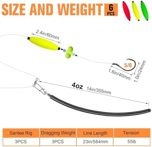 Dovesun 6PCS Catfish Rigs Kit Santee Rig with Catfish Float Rattler Dragging Weights Catfishing Tackle Circle Hook Size 5/0 8/0 Weight Size 2OZ/3OZ/4OZ - Image 5