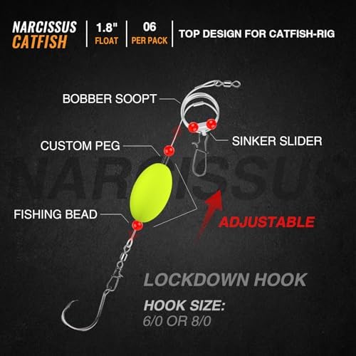 Narcissus Catfish Rigs Set – 6 Pre-Tied Rigs with 2 Sinker Sliders & 2oz Pyramid Sinker, Float Rigs Tackle, Santee Rig, Circle Hooks 6/0 – Complete & Ready-to-Use Kit - Image 4