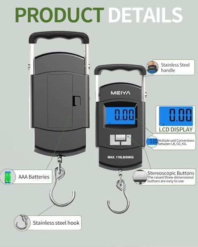 MEIYA Fish Scale 110lb/50kg Digital Fishing Scale with Backlit LCD, Portable Handle, Stainless Steel Hook & 2 AAA Batteries – Great Fishing Gifts for Men - Image 4