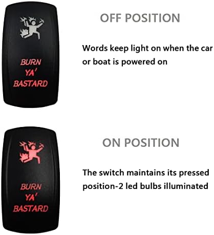 12V 24V RED Led Burn Ya Batard Rocker Switch with Wires 5 PIN ON-Off Laser Etched Switches for Car Boat Truck Trailer RV Polaris Ranger Golf Cart Console Replacement - Image 5