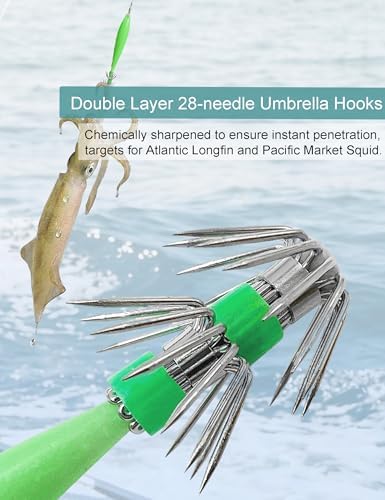 Avlcoaky Luminous Squid Jig Saltwater Squid Lure 5pcs/Box Squid Bait with Double Layer Hooks & 360° Swivel Umbrella Hooks Jigs Glow in the Dark Fishing Lure for Calamari, Cuttlefish, and Octopus - Image 4