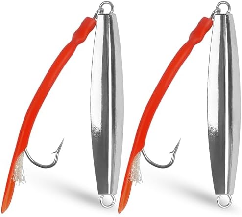 Diamond Jig Saltwater Fishing Lure, 2/3pcs Casting Jigging Spoons with Split Tube Tail Striped Bass Flat Metal Jig for Surf Fishing Bottom Sinking Bouncing Deep Sea Ocean 1-10oz by SILANON