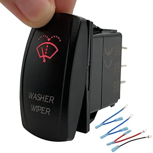 12V 24V RED Washer Wiper DPDT Momentary Rocker Switch with Wires 7 PIN Mom (ON)-Off-ON DPDT Wiper Switches for Automotive Truck Boat Trailer Pickup RZR UTV Motorcycle RV SUV Dash Replace by BACAUTOPARTS