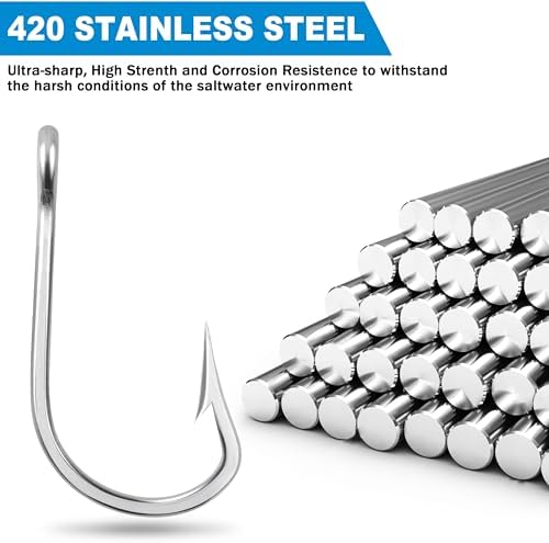 Fishing Hooks Saltwater Tuna Hooks,15pcs 6X Strong Stainless Steel Big Game Trolling Hooks Forged Ringed Extra Ultra Sharp Size 5/0-13/0 - Image 4