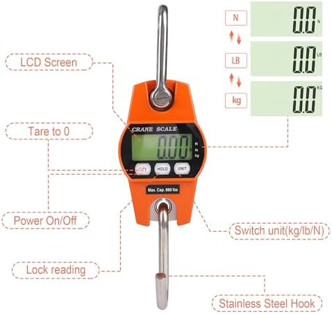 880lb/400kg Digital Crane Scale - Compact LCD Handheld Hanging Scale for Garage, Farm, Hunting, Fishing & More(400kg/Plastic/Orange) - Image 4