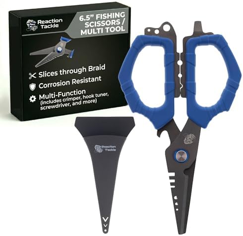 Reaction Tackle Fishing Line Scissors, 6.5 Inch Heavy Duty Braid Shears with Serrated Stainless Steel Blades, Multi-Tool with Sheath, Cuts Braid, Mono, Fluoro and Wire by ReactionTackle