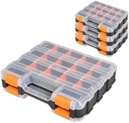 Jack Boss Tool Box with Transparent Lid, Double Side 34-Compartments Organizer Box with Removable Dividers for Hardware, Screws, Bolts, Nails, Beads, Jewelry and Fishing Accessories, Orange, 4 Pack by JACKBOSS