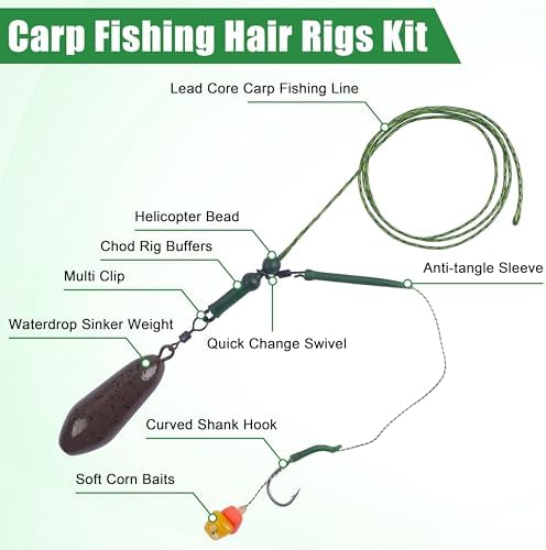 Carp Fishing Rigs Kit Carp Hair Rig with Carp Sinker Weights Carp Hooks Corn Bait Leader Rigs Quick Change Rolling Swivels Sleeves Carp Fishing Equipment Accessories - Image 2