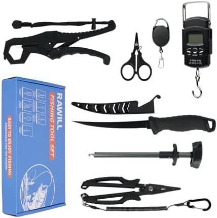 RAWILL Fishing Kit,Filleting Knife,Hook Remover,Fish Grip, Line Cutter,Fishing Scale, Pliers with Lanyards,Not Include Batteries by RAWILL