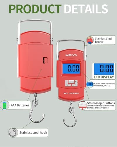 MEIYA Fish Scale 110lb Portable Luggage Scale Travel Digital Hanging Scale with Hook, Fishing Gifts for Men, Weighing Tool for Suitcases & Fish, Includes 2 AAA Batteries, Backlit LCD Display (Red) - Image 3