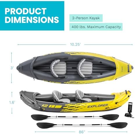 Intex 68307EP Explorer K2 Inflatable Kayak Set: Includes Deluxe 86in Aluminum Oars and High-Output Pump – SuperStrong PVC – Adjustable Seats with Backrest – 400lb Weight Capacity - Image 3