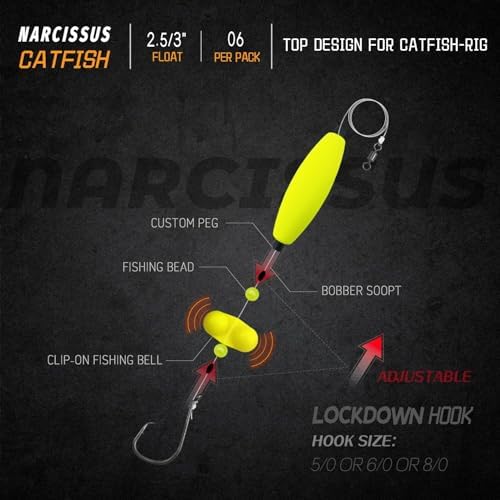 Narcissus Catfish Rigs Set – 6 Pre-Tied Rigs with 2 Sinker Sliders & 2oz Pyramid Sinker, Float Rigs Tackle, Santee Rig, Circle Hooks 6/0 – Complete & Ready-to-Use Kit - Image 4