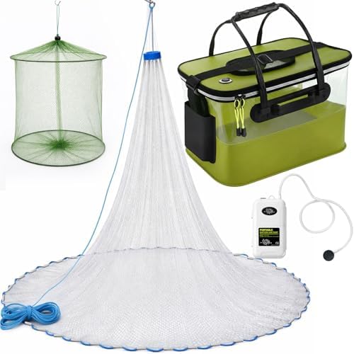 3 Pcs Fishing Bucket, Live Bait Aerator and Fishing Cast Net with Heavy Duty Sinker Foldable Live Bait Bucket Portable Quiet Aerator Fish Transport Container Outdoor EVA Bag by Relaxgiant