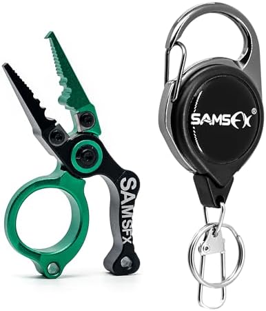 SAMSFX Mini Fishing Pliers with Fly Fishing Zinger Retractor, Fish Hook Remover Tool, Split Ring Pliers for Saltwater & Freshwater, Tungsten Carbide Cutters, Fishing Gear Gift for Anglers by SAMSFX